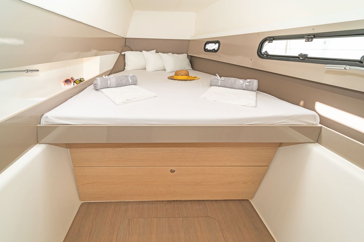 Cabin on Anemoskala, a Bali 4.1 catamaran at Gouvia, Greece