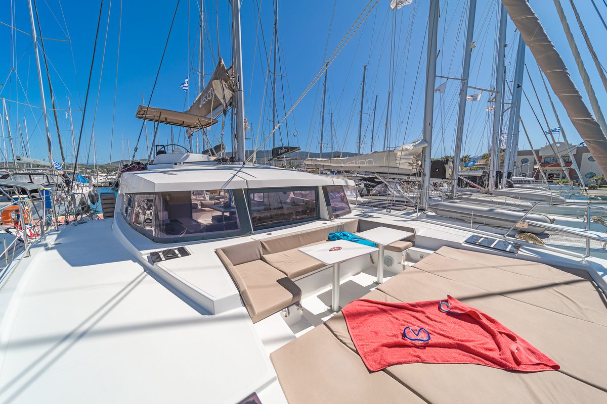 Deck of Anemoskala, a Bali 4.1 catamaran at Gouvia, Greece