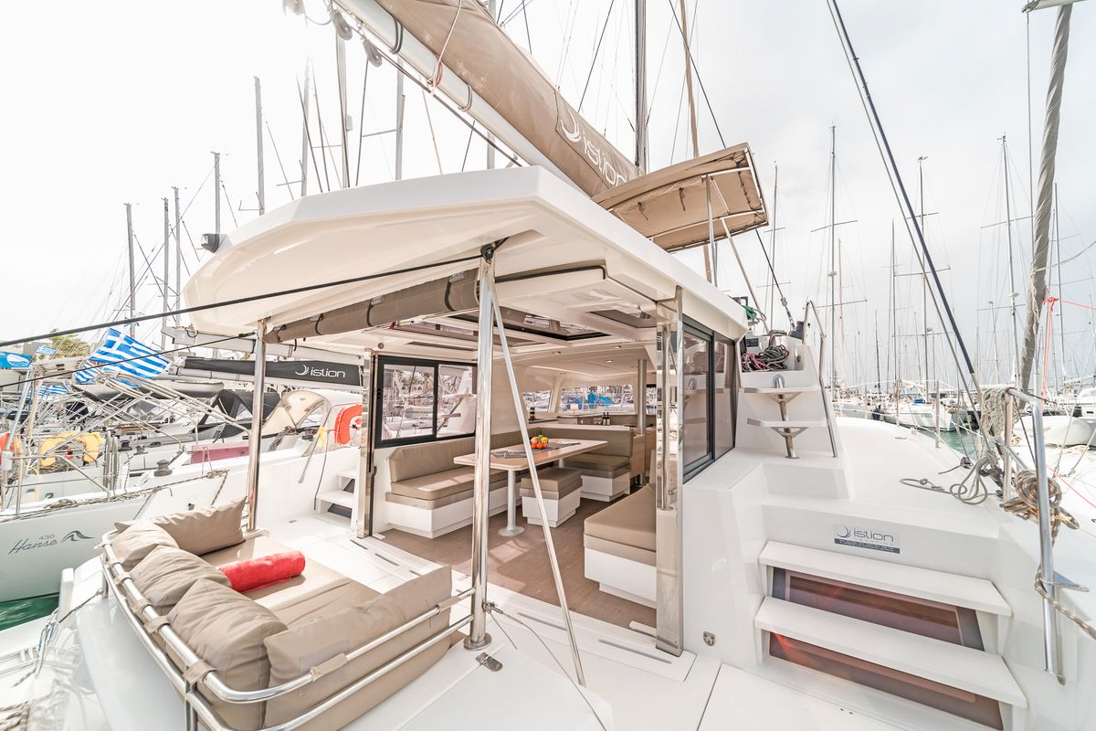 Deck of Anemoskala, a Bali 4.1 catamaran at Gouvia, Greece