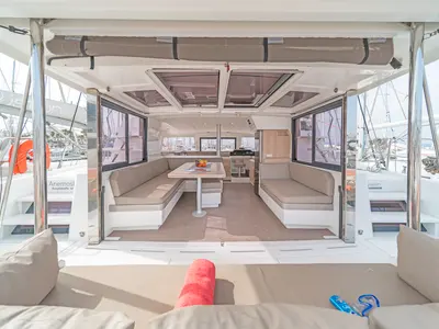 Salon of Anemoskala, a Bali 4.1 catamaran at Gouvia, Greece