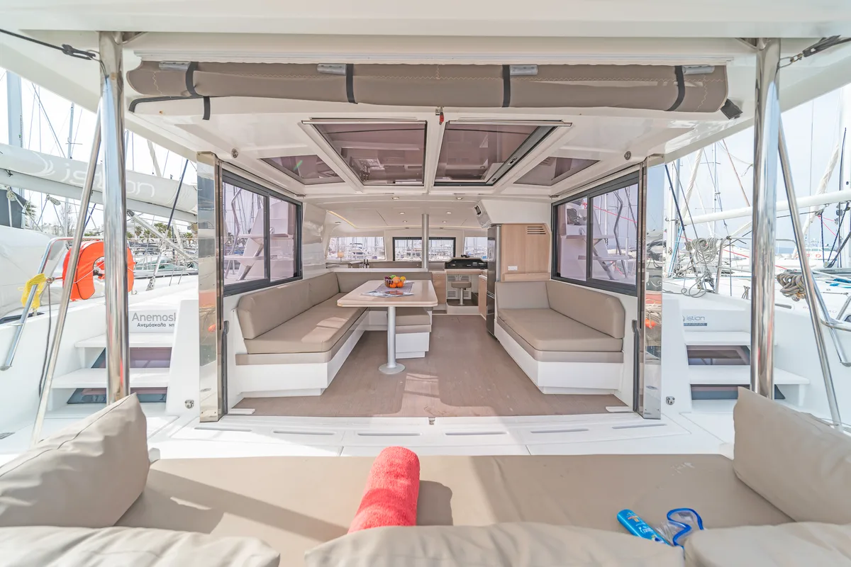 Salon of Anemoskala, a Bali 4.1 catamaran at Gouvia, Greece