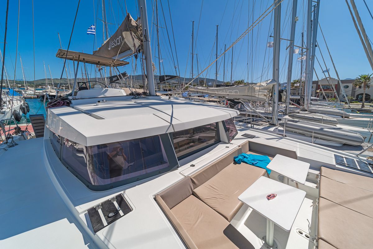 Deck of Anemoskala, a Bali 4.1 catamaran at Gouvia, Greece