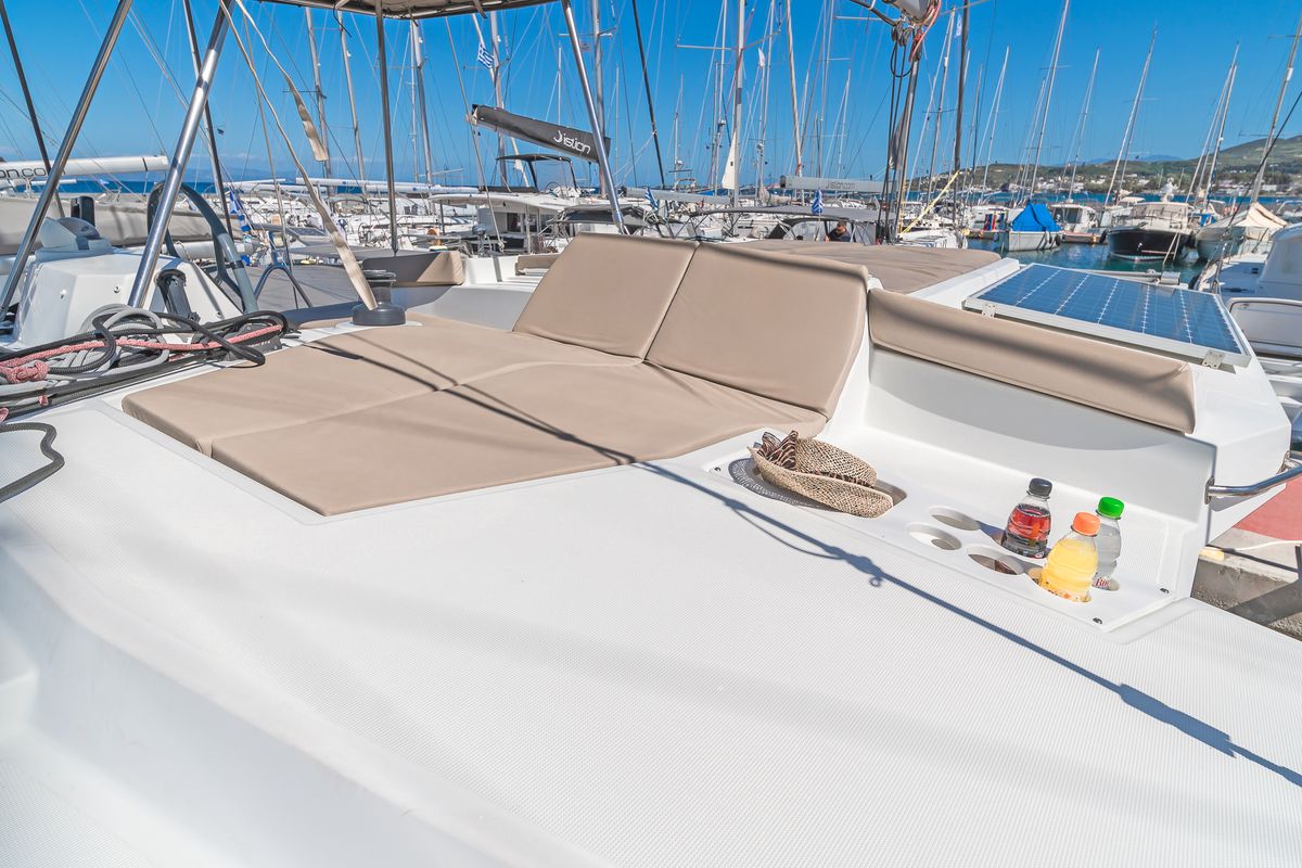 Deck of Anemoskala, a Bali 4.1 catamaran at Gouvia, Greece