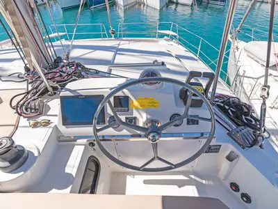 Cockpit of Anemoskala, a Bali 4.1 catamaran at Gouvia, Greece