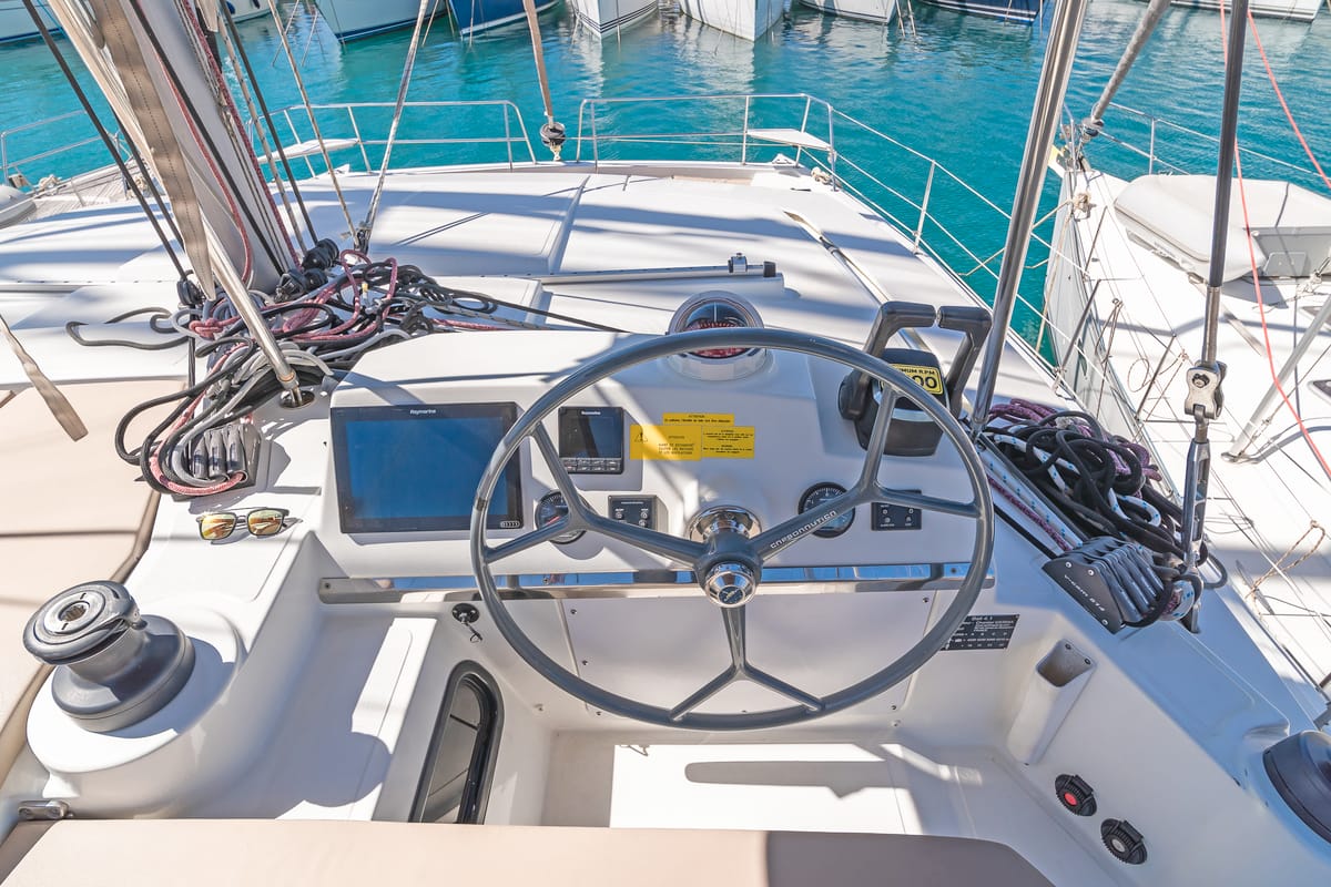 Cockpit of Anemoskala, a Bali 4.1 catamaran at Gouvia, Greece