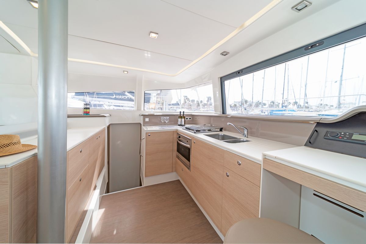 Galley of Anemoskala, a Bali 4.1 catamaran at Gouvia, Greece