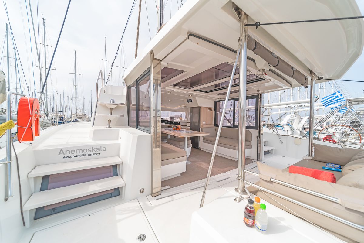 Deck of Anemoskala, a Bali 4.1 catamaran at Gouvia, Greece