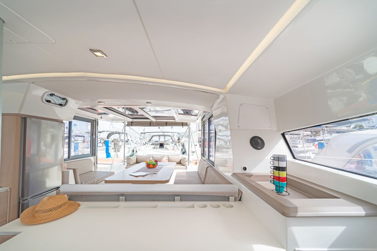 Salon of Anemoskala, a Bali 4.1 catamaran at Gouvia, Greece