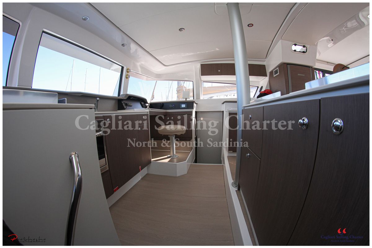 Cockpit of Rena Majore, a Bali 4.1 catamaran at Cagliari, Italy