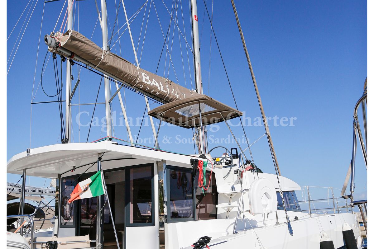 Exterior view of Rena Majore, a Bali 4.1 catamaran at Cagliari, Italy