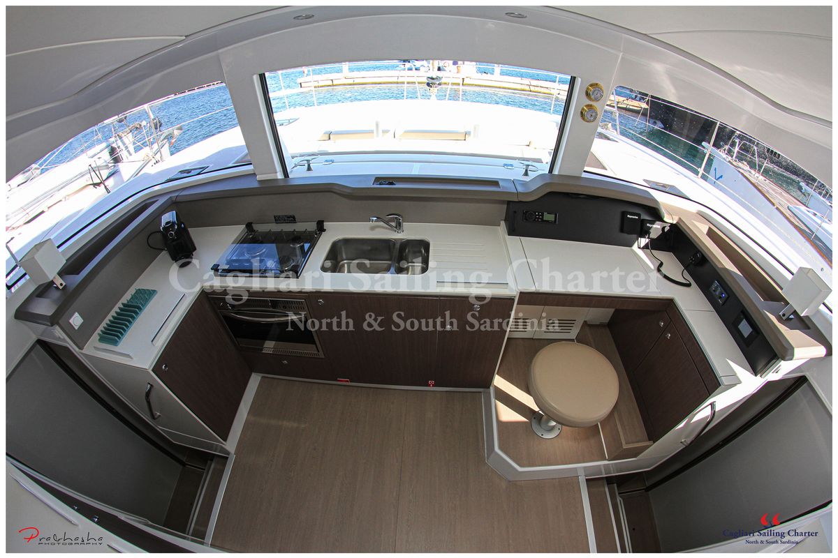 Cockpit of Rena Majore, a Bali 4.1 catamaran at Cagliari, Italy