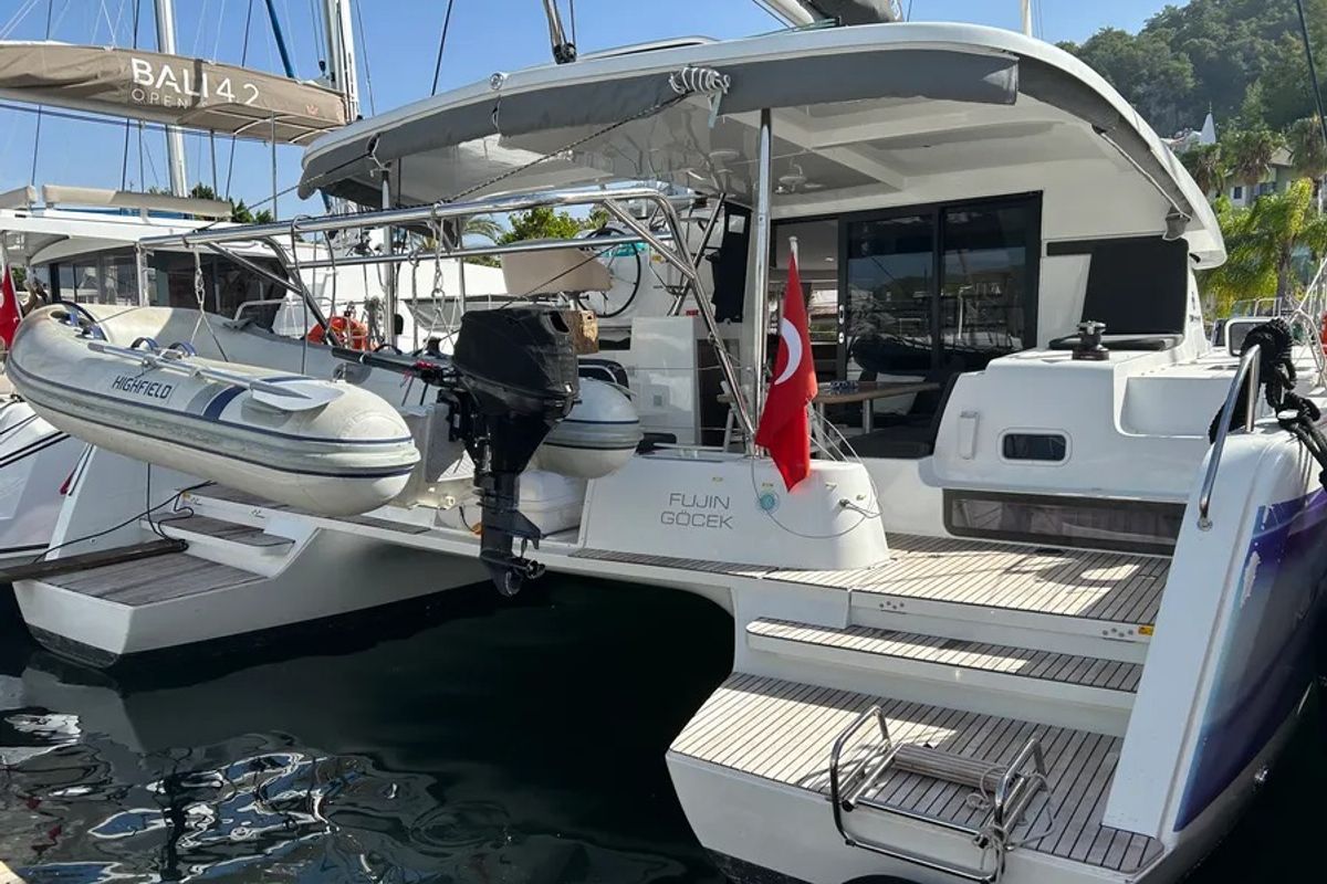 Deck of Fujin, a Lagoon 42 catamaran at Fethiye, Turkey