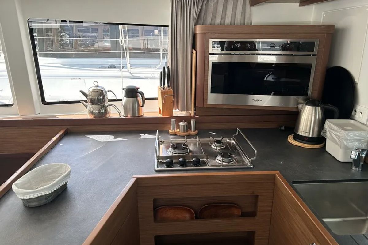 Galley of Fujin, a Lagoon 42 catamaran at Fethiye, Turkey