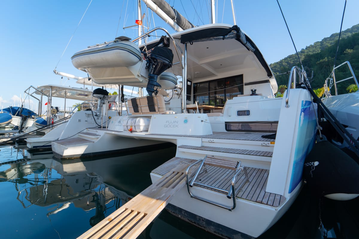 Exterior view of Fujin, a Lagoon 42 catamaran at Fethiye, Turkey