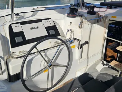 Cockpit of Fujin, a Lagoon 42 catamaran at Fethiye, Turkey