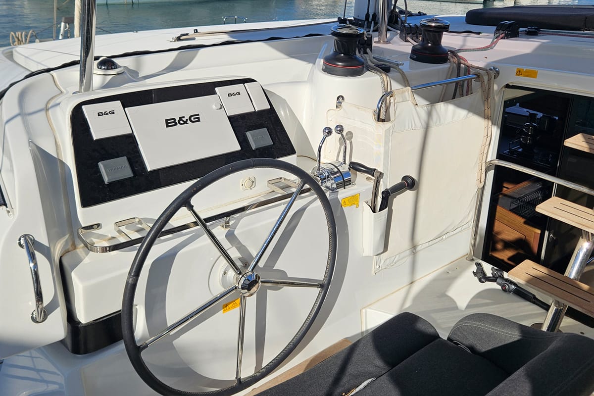 Cockpit of Fujin, a Lagoon 42 catamaran at Fethiye, Turkey