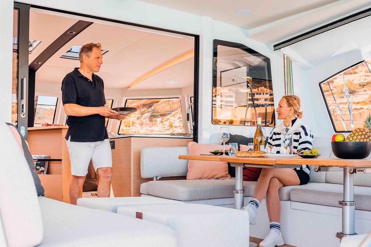 Salon of Hydra, a Nautitech 44 Open catamaran at Lavreotiki Municipal Unit, Greece
