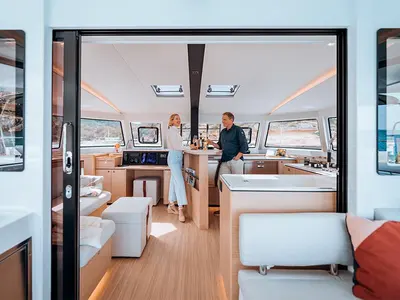 Salon of Hydra, a Nautitech 44 Open catamaran at Lavreotiki Municipal Unit, Greece