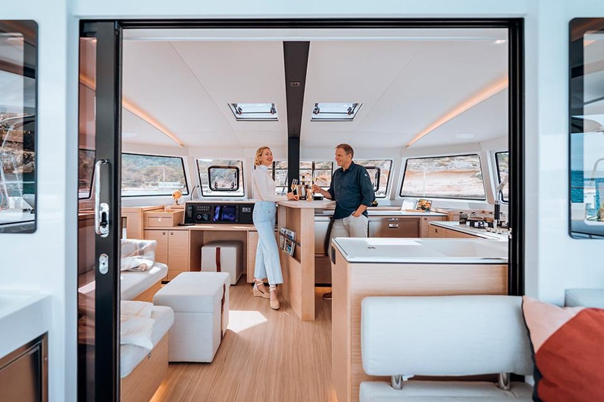 Salon of Hydra, a Nautitech 44 Open catamaran at Lavreotiki Municipal Unit, Greece