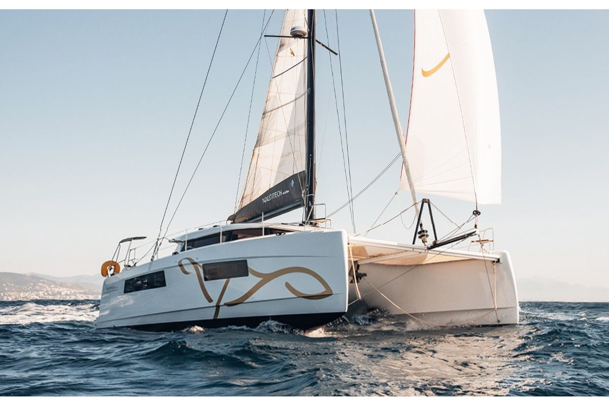 Exterior view of Hydra, a Nautitech 44 Open catamaran at Lavreotiki Municipal Unit, Greece