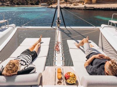 Deck of Hydra, a Nautitech 44 Open catamaran at Lavreotiki Municipal Unit, Greece