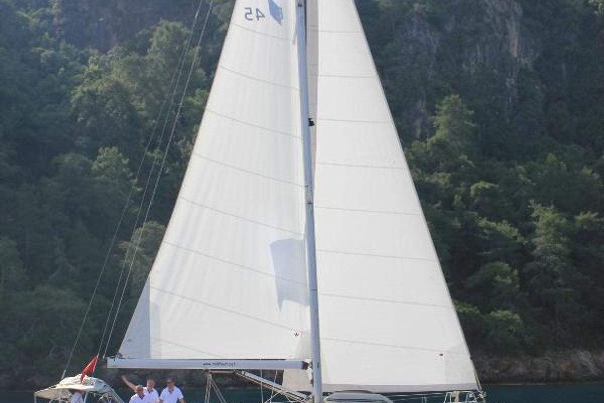 Exterior view of Sail Bravo, a Bavaria Cruiser 45 sailboat at Fethiye, Turkey