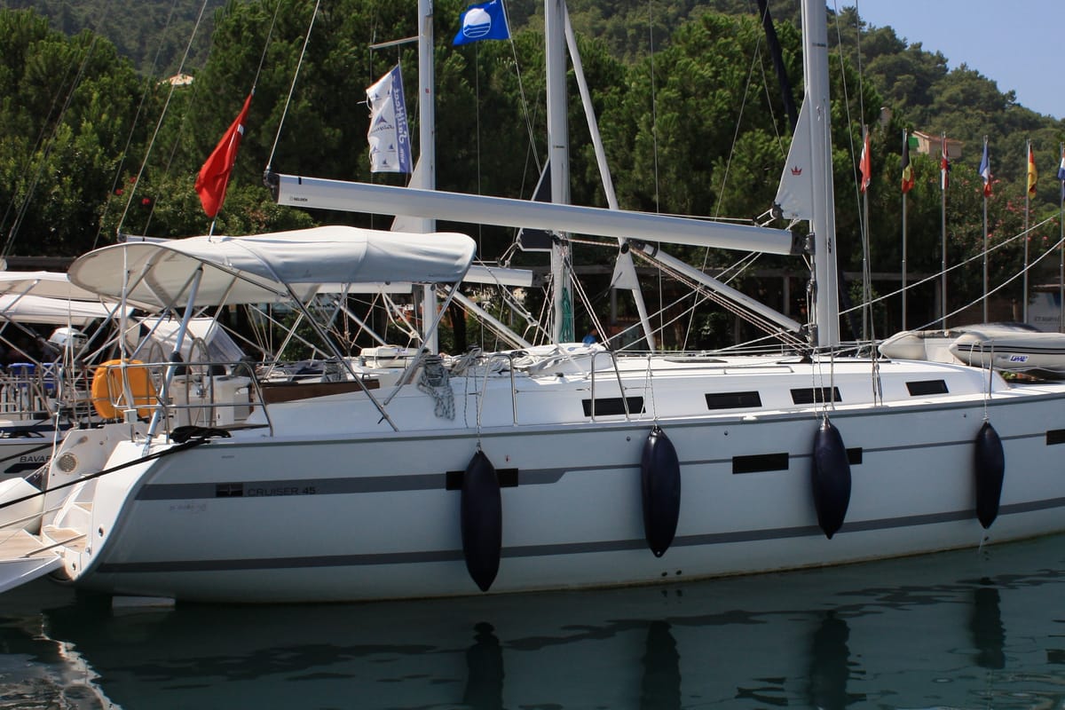 Exterior view of Sail Bravo, a Bavaria Cruiser 45 sailboat at Fethiye, Turkey