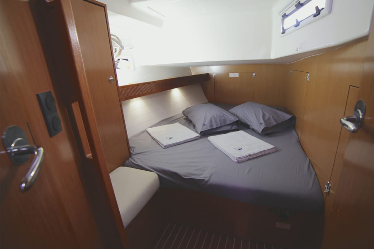 Cabin on Sail Bravo, a Bavaria Cruiser 45 sailboat at Fethiye, Turkey