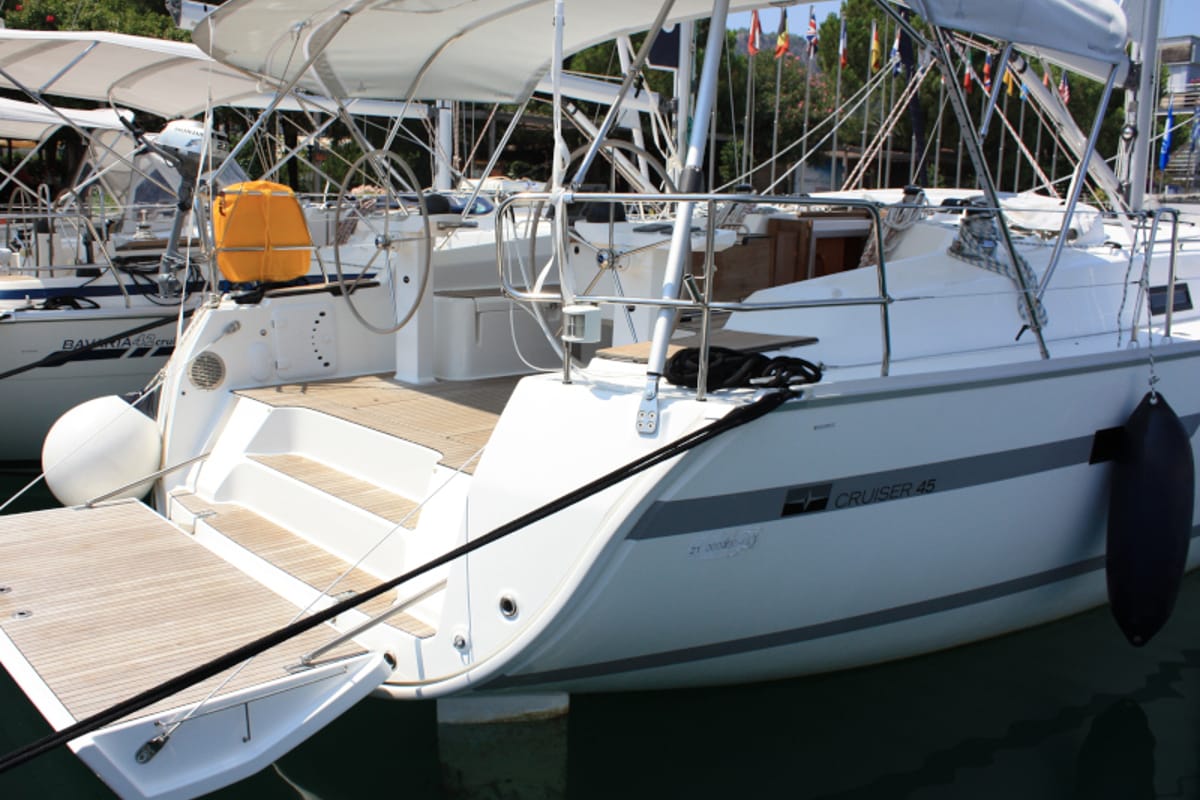 Deck of Sail Bravo, a Bavaria Cruiser 45 sailboat at Fethiye, Turkey
