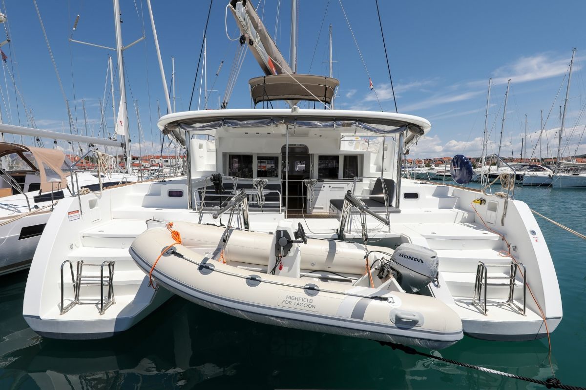 Exterior view of Fortuna, a Lagoon 450 catamaran at Pirovac, Croatia