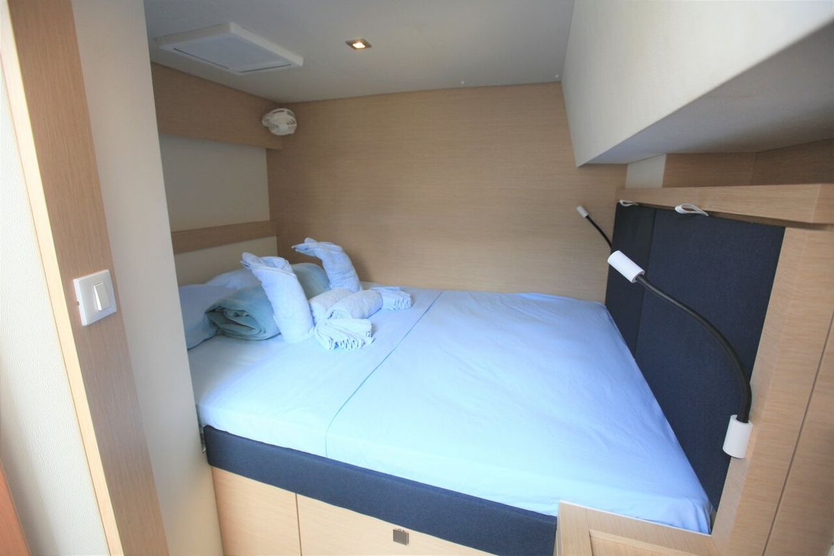 Cabin on Three Sheets, a Fountaine Pajot Saona 47 Quintet catamaran at Road Town, British Virgin Islands