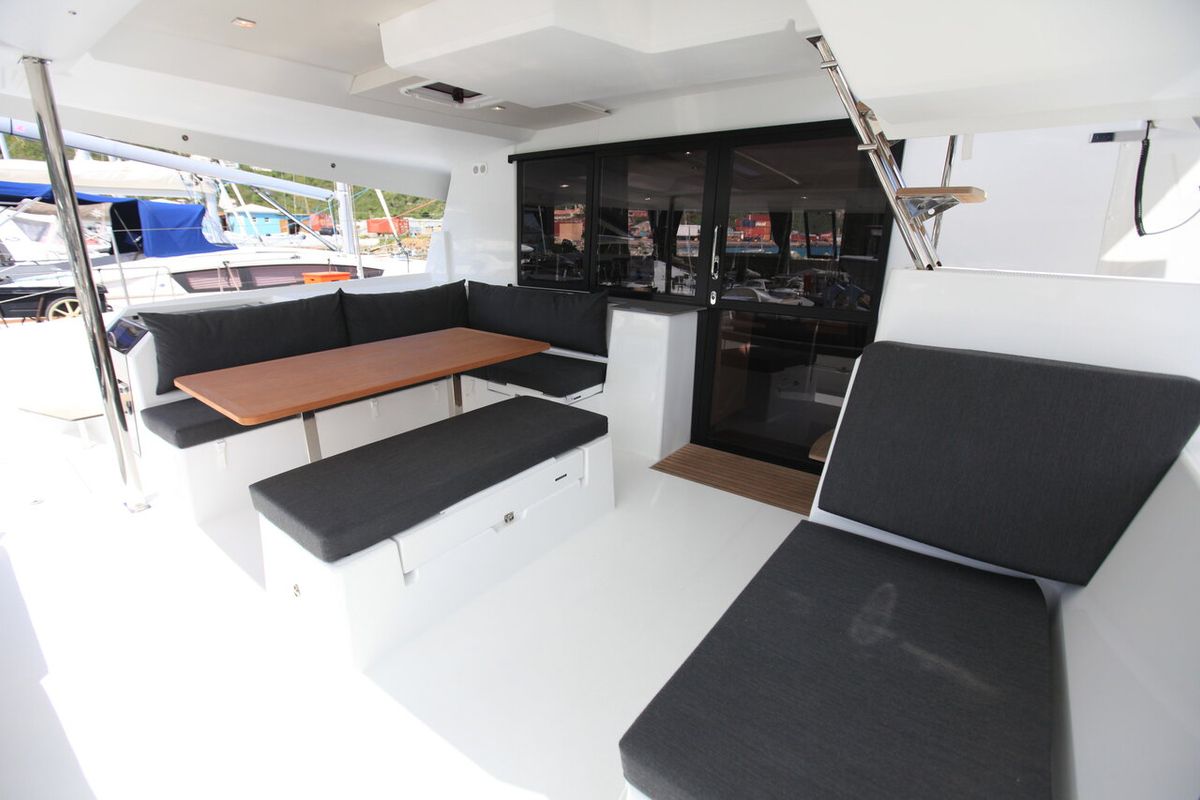 Deck of Three Sheets, a Fountaine Pajot Saona 47 Quintet catamaran at Road Town, British Virgin Islands