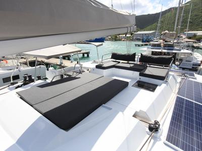 Deck of Three Sheets, a Fountaine Pajot Saona 47 Quintet catamaran at Road Town, British Virgin Islands