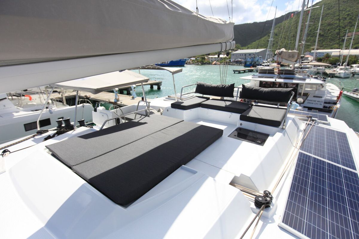 Deck of Three Sheets, a Fountaine Pajot Saona 47 Quintet catamaran at Road Town, British Virgin Islands