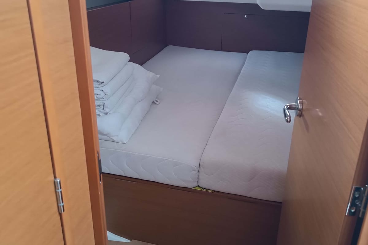 Cabin on Funky One, a Jeanneau Sun Odyssey 440 sailboat at Kontokali, Greece