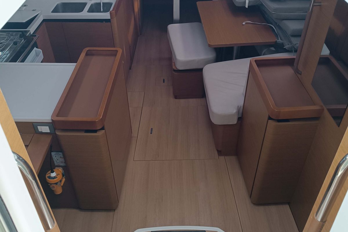 Salon of Funky One, a Jeanneau Sun Odyssey 440 sailboat at Kontokali, Greece
