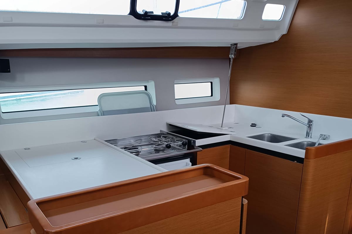 Galley of Funky One, a Jeanneau Sun Odyssey 440 sailboat at Kontokali, Greece