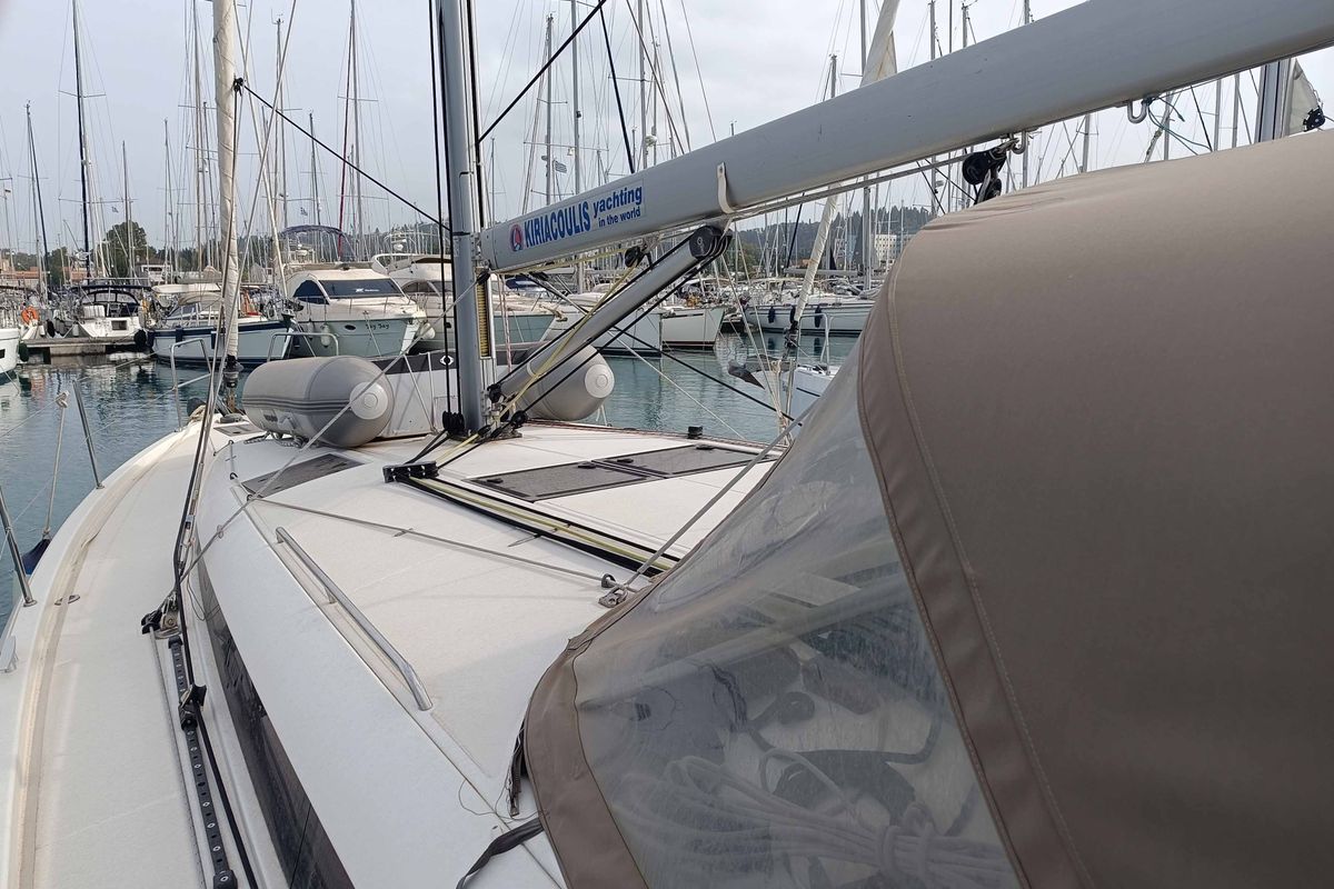 Exterior view of Funky One, a Jeanneau Sun Odyssey 440 sailboat at Kontokali, Greece