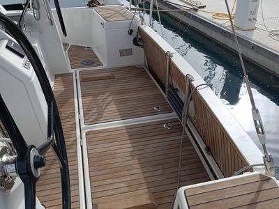 Deck of Funky One, a Jeanneau Sun Odyssey 440 sailboat at Kontokali, Greece
