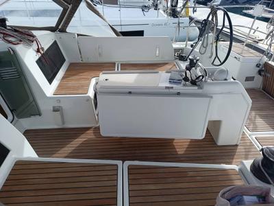 Cockpit of Funky One, a Jeanneau Sun Odyssey 440 sailboat at Kontokali, Greece