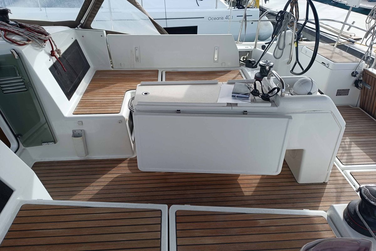 Cockpit of Funky One, a Jeanneau Sun Odyssey 440 sailboat at Kontokali, Greece