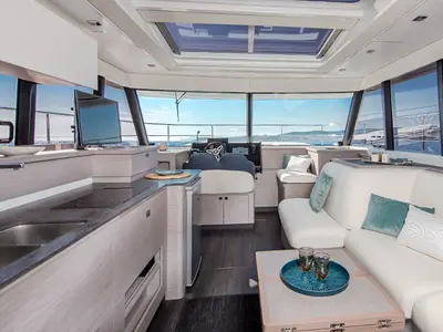Salon of KIKA, a Fountaine Pajot MY4.S catamaran at Lavreotiki Municipal Unit, Greece