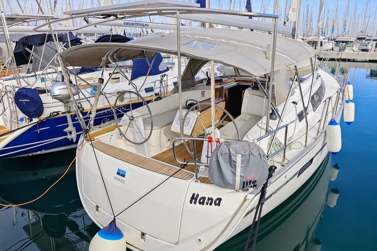 Exterior view of Hana, a Bavaria Cruiser 37 sailboat at Općina Sukošan, Croatia