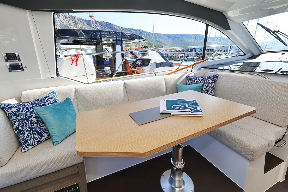 Salon of Tireless, a Sealine C390 yacht at Grad Kaštela, Croatia