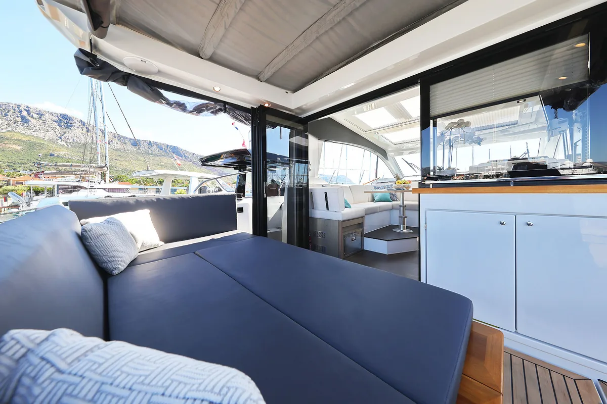 Deck of Tireless, a Sealine C390 yacht at Grad Kaštela, Croatia