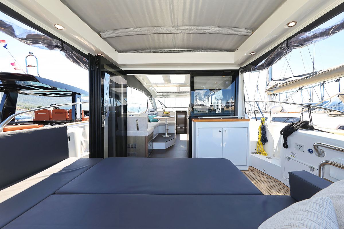 Deck of Tireless, a Sealine C390 yacht at Grad Kaštela, Croatia