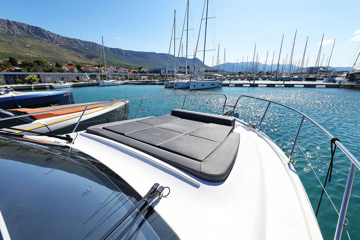 Deck of Tireless, a Sealine C390 yacht at Grad Kaštela, Croatia