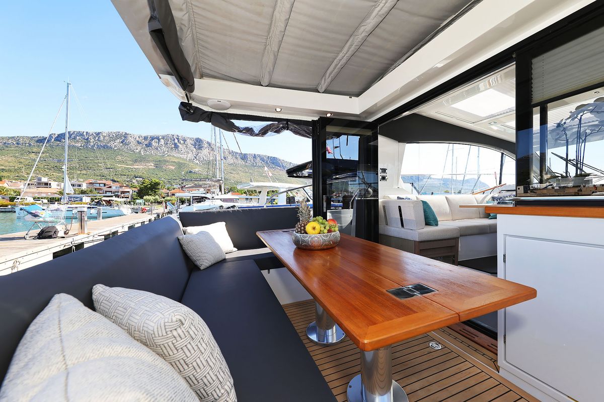 Deck of Tireless, a Sealine C390 yacht at Grad Kaštela, Croatia