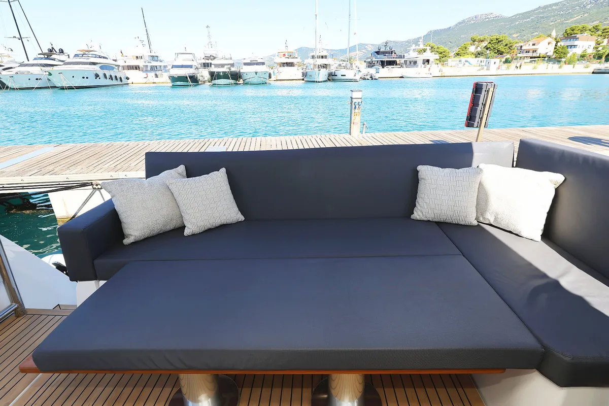 Deck of Tireless, a Sealine C390 yacht at Grad Kaštela, Croatia
