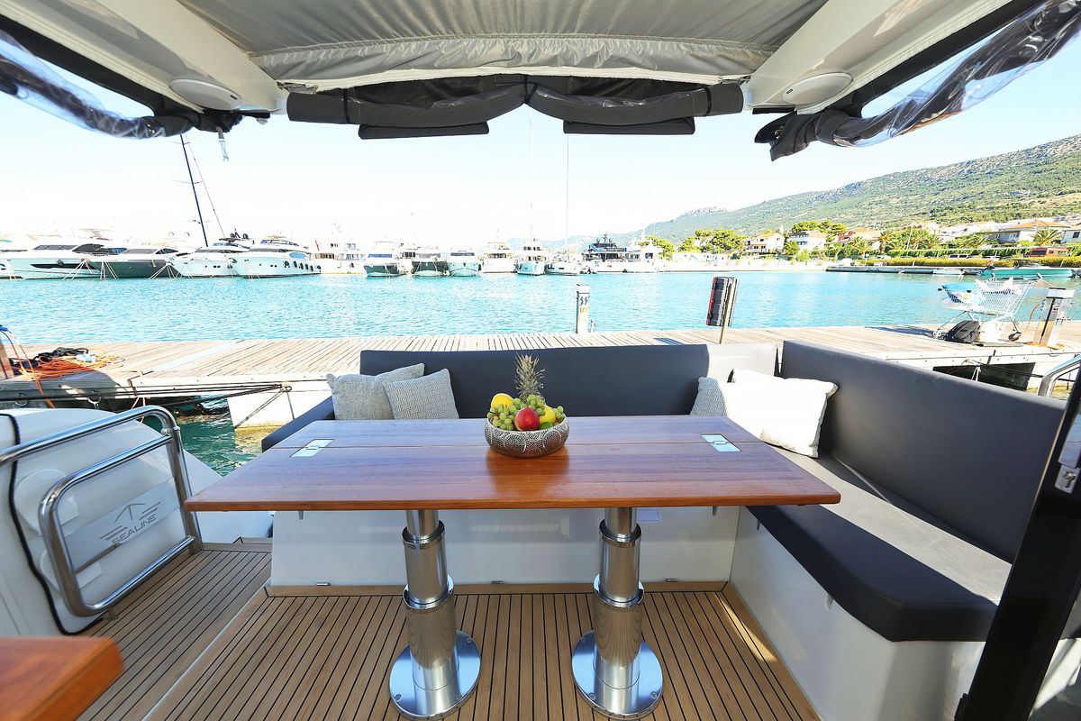Deck of Tireless, a Sealine C390 yacht at Grad Kaštela, Croatia